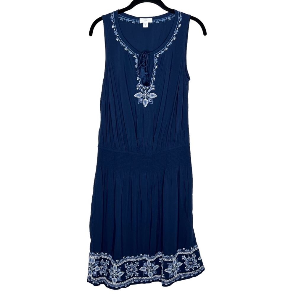 J.JILL / navy blue white embroidered elastic waist sleeveless dress / XS